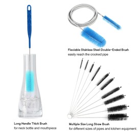 12 Pack Glass Tube Pipe Cleaner Brush Set, 17 Inch Long Handle Nylon Brush for Neck Bottle, 8.2 Inch Various Diameter Tube Straw Brush with Hook, 35 Inch Flexible Double Ended Hose Brush