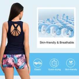 Womens Tankini Swimsuits Athletic 3 Piece Tummy Control Bathing Suits with Shorts Modest Tank Tops XL Red Blue Leaves