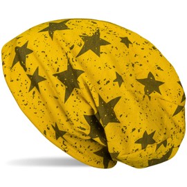 styleBREAKER Unisex Fabric Beanie Hat with Stars Splat Style Print, Lightweight Long Beanie with Colour Sharpener Pattern 04024185, curry