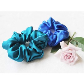 Share Maison Real Natural Mulberry Silk Scrunchies Hair Elastics Hair Band Hair Ties Hair Holder for Women Girls (C-peacock blue+blue)