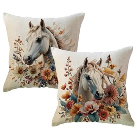 ULOVE LOVE YOURSELF 2Pack Horse Throw Pillow Covers with Wildflower Watercolor Horse Pillowcases Rustic Farmhouse Sofa Couch Decor Cushion Cover 18 X 18 Inch (Beige)