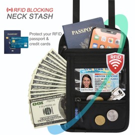 Travel Neck Wallet with RFID Blocking for Women & Men, Passport Holder, Anti-Theft Slim Neck Pouch (Black)
