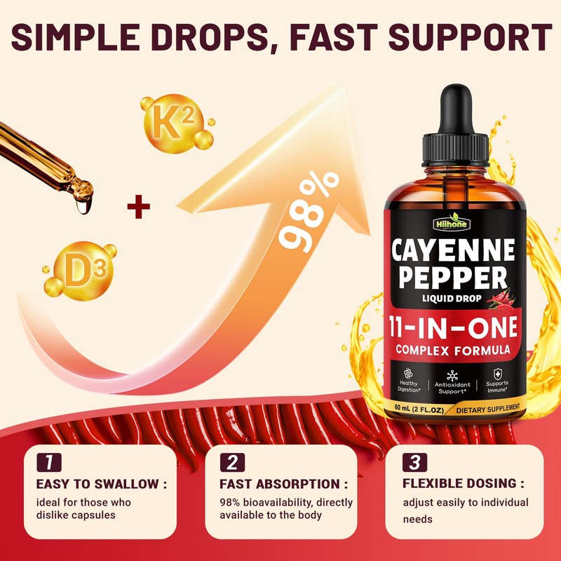 HIIHONE 11-in-1 Cayenne Pepper Drops - Herbal Supplement with Hawthorn,