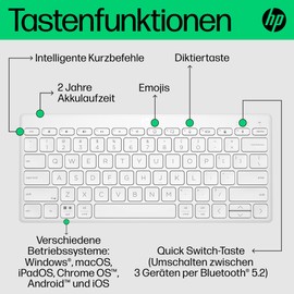HP 350 Bluetooth-Tastatur | Bluetooth 5.2 | 60% Tastatur | bis zu 2 Jahre Akkulaufzeit | batteriebetrieben (AAA) | QWERTZ | Weiß | Windows, macOS, iPadOS, ChromeOS, Android und iOS kompatibel