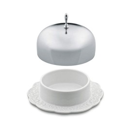 Alessi"Dressed" Butter Dish in Porcelain With Lid in 18/10 Stainless Steel Mirror Polished, White