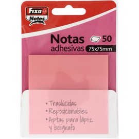 Fixo Notes | Transparent Sticky Notes | 50 Notes 75 x 75 mm | Plastic | Pastel Pink | Reusable and Waterproof | for Aesthetic Stationery Lovers | Ideal as School Supplies