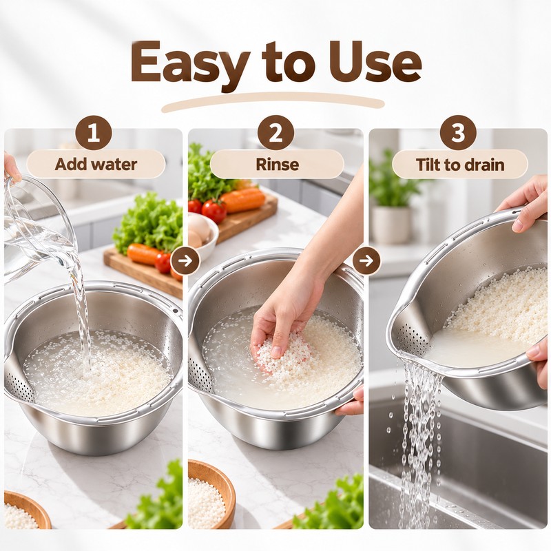 Stainless Steel Rice Washing Bowl with Strainer for Rice, Fruits