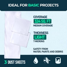 CS 3 Pack Extra Large Plastic Dust Sheets for Decorating 3.6 x 2.7m (12 x 9ft), Light Dust Sheet for Painting & Furniture, Plastic Sheet-Plastic Sheeting-Decorating Tools-Decorating Sheets-Dust Cover