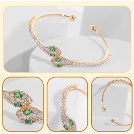 Hebterrka Snake Pattern Gold Bangle for Women, Adjustable 14K Gold Bracelet with Green Cubic Zirconia, Snake Symbol Bangles, Stylish Jewellery