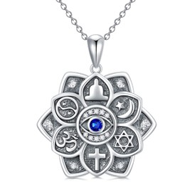 ROMANTICWORK Lotus Flower Evil Eye Chain Sterling Silver Lotus Flower Necklace Lotus Moonstone Pendant Necklace Yoga Gift Jewellery Amulet for Women Girls, Sterling Silver, Cubic Zirconia