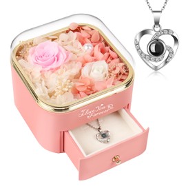 DEEMEI Preserved Real Pink Rose with Heart I Love You Necklace -Eternal Flowers Rose Birthday Gifts for Women Forever Flowers Gifts on Valentines Mothers Day Christmas Anniversary Romantic