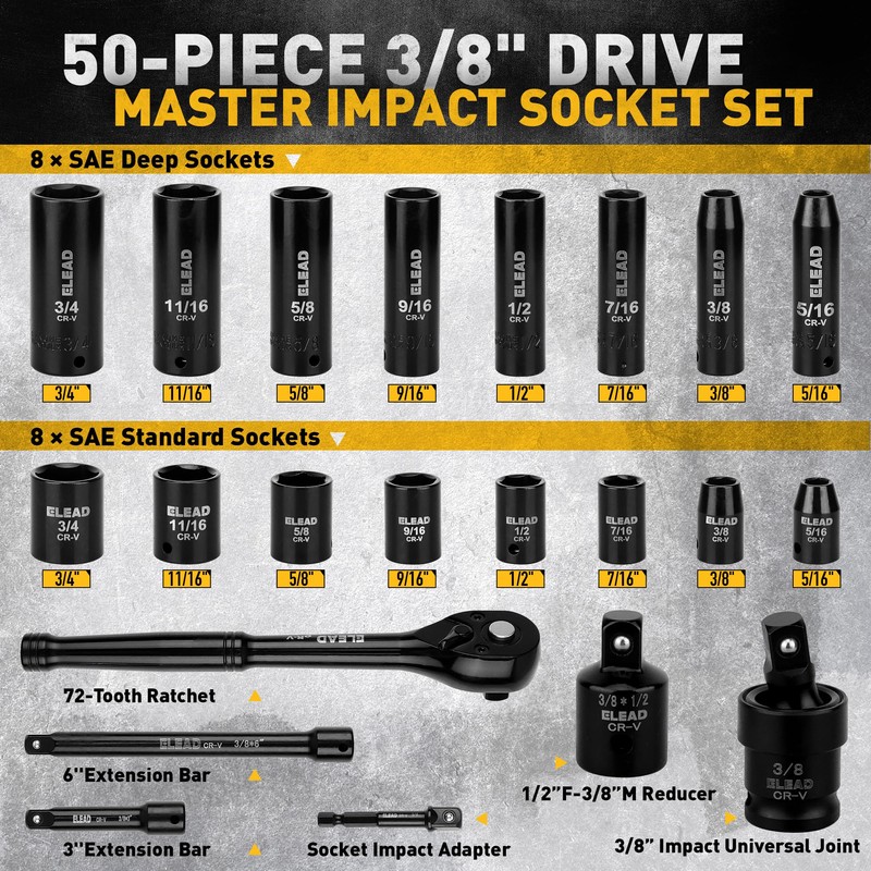3/8'' Drive Impact Socket Set - 50-Piece Shallow & Deep