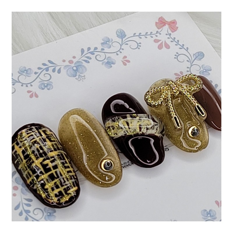 Gold Tweed Handmade Nail Tips - Oval L / 골드