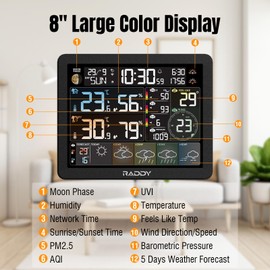 Raddy N80 WiFi Weather Station with Tuya APP, 8" Display, Indoor Outdoor Thermometer, PM2.5/AQI, UV Index, Sunrise/Sunset, 4 Alarms, 5-Day Forecast