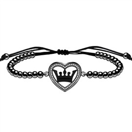 Zircobic Black Beaded Majestic Crown Heart Bracelet - King Queen Micro Pave Cubic Zirconia Strand Crown Jewelry- Love and Honor Gift for Friends, Family, Lovers - Christmas, Birthday, Anniversary