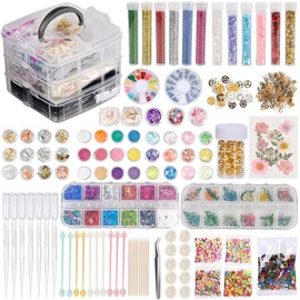 EFUTURETIME Epoxy Resin Accessory Set, 260 Pieces, Resin with Gold Leaf Flakes, Glitter, Sequins, Dried Flowers, Shells, Gears, Pipettes, Tweezers for Resin Crafts and Nail Art Decoration