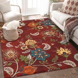 GAOMON 9x12 Area Rug Large Rug Modern Floral Rug Botanical Printed Rug Rug Washable Rugs Colorful Throw Rug Vintage Flower Floor Carpet for Living Room Bedroom Nursery, Red/Multi