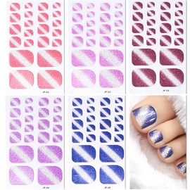 Toe Full Nail Wraps Gel Nail Stickers Solid Colorful Glitter Diagonal Nail Full Wrap Nail Polish Strips Blue Pink Purple 5PCS Self-Adhesive Toe Nail Decals for Women DIY Manicure Nail Art Decorations