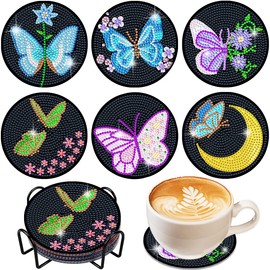 Vcekract Diamond Painting Coasters, 6 Pieces Butterfly Diamond Painting Coasters with Holder, Diamond Painting Kits for Adults, Diamond Art Kits for DIY Coasters