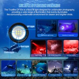 TrustFire DF50S Dive Light, 6500 Lumens Scuba Diving Light Video Camera Photography Underwater Flashlight White Red UV Tri-Color Fill Light and Fluorescent Night Diving
