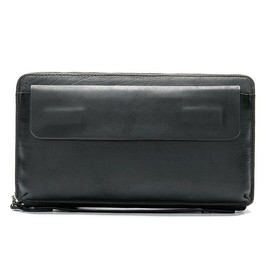 QUEAMBLER Real Leather Clutch Bags for Men Large Zip Around Genuine Leather Purse Vintage Retro Checkbook Handbag Black