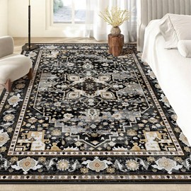 Brakki 5x7 Area Rugs Washable, Black Rug for Living Room Bedroom Dining Room Kitchen, Soft Floral Vintage Distressed Carpet Non Slip, Boho Rug for Girls Boys Home Decor