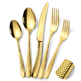 Lemeya 20-Piece Hammered Gold Silverware Set for 4 with Serrated Forging Knives,18/10 Stainless Steel Modern Flatware Set,Unique Cutlery Set Spoons and Forks Set,Mirror Polished,Dishwasher Safe