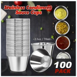 DJZZ 100 Pcs Metal Sauce Cups 2.5oz Ramekins, Stainless Steel Dipping Sauce Cups Metal Condiment Container Reusable Round Butter Dressing Cup Restaurant Small Bowls