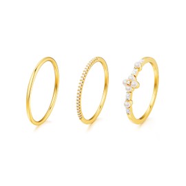 CHESKY Pearl Gold Rings for Women, Dainty Stackable Pearl Rings 14K Gold Plated Non Tarnish Cubic Zirconia Thumb Rings Set Trendy Rings Wedding Engagement Gold Rings Size 7