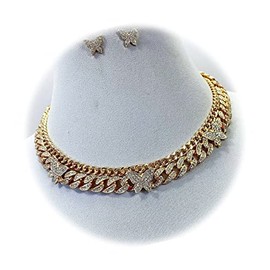 New Gold Tone Clear Rhinestones Decorated Butterfly Cuban Link Chain 2 Necklaces Set Pendant Charm for Women TR-6166LP