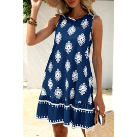 MITILLY Womens Ruffle Hem Dress Casual Floral Boho Sundresses Navy Floral and White Pattern Beach Summer Short Dresses Navy Blue X-Large