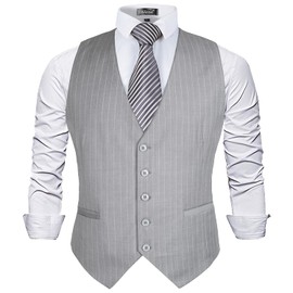 Alizeal Mens Pinstripe Business Suit Vest Formal Dress Tuxedo Waistcoat, Light Gray Striped-M