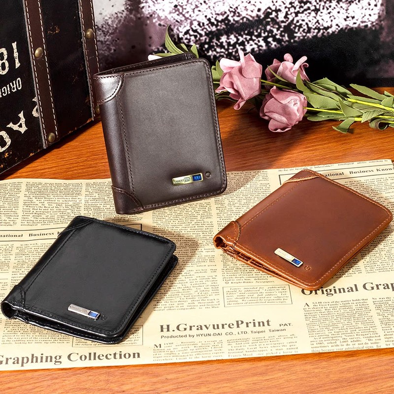 Bluetooth Wallet Tracker, Anti-Lost GPS Position Record Bifold Cowhide Leather