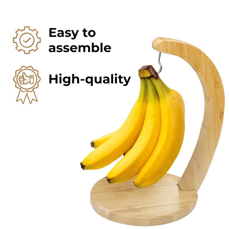JS Gourmet Bamboo Banana Stand with Stainless Steel Hanging Hook,