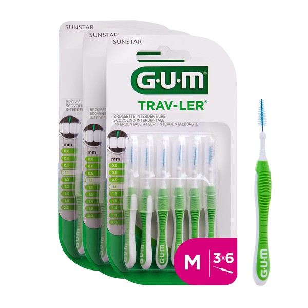 GUM TRAV-LER Lot de 6X3 brosses interdentaires professionnelles/poils avec protection antibactérien/fil métallique revêtu/poignée souple/vert/taille 1,1 mm ISO 3/3