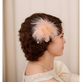 Kenjudess 1920s Feather Flapper Hair Clips for Women White Swan Hair piece Crystal Feather Hair Pins Brooch Fascinator Bridal Wedding Party Hair Accessories (Pink)