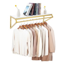 SEANESZTI Industrial Pipe Clothing Rack with Top Shelf, Wall-Mounted Coat Rack Heavy Duty Garment Bar, Multi-Purpose Clothing Hanging Rod Display Hanging Clothes Rack, Gold