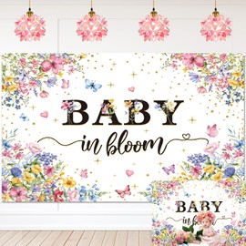 Baby in Bloom Backdrop Spring Floral Gold Glitter Butterfly Wildflower Baby Shower Party Photography Background Girls Baby Shower Newborn Birthday Party Decorations Background (7X5FT (210x150cm))