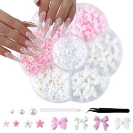 jatimdotin Nail Charms, 3D Flower Nail Charms, Nail Art Bow Charms, Pink Mixed Style Nail Charms, Nail Gems with White Half Beads for Nail Art Decorations