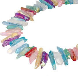 KYEYGWO Titanium Coated Crystal Point Beads Coarse Stone Sticks Spikes Natural Quartz Drilled 15 Inch Strand Loose Beads for Jewellery Making