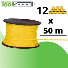 ToolSpace 12 x Mason's Cord Construction Cord, 50 m x 1.6 mm, Yellow, Polypropylene Silk, Guideline Cord, Plumb Cord, Thick Paving Cord, Durable and Tear-Resistant, Mason's Cord for Spirit Level
