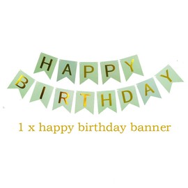 Green Happy Birthday Banner Greenery Theme Birthday Decorations with Golden Sparkle Shimmering Letters, Reusable Birthday Party Supplies