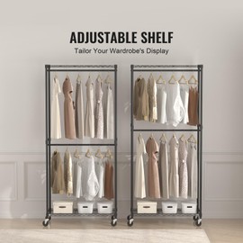 Happybuy Heavy Duty Clothes Rack. Double Hanging Rods with Storage Tiers. 1'' Diameter Thicken Steel Tube. Holds up to 300Lbs. Rolling for Easy Use.