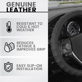 BDK Genuine Black Leather Steering Wheel Cover for Car, Large 15.5-16 inch – Ergonomic Comfort Grip for Men & Women, Car Steering Wheel Cover for Vehicles with Large Steering Wheels
