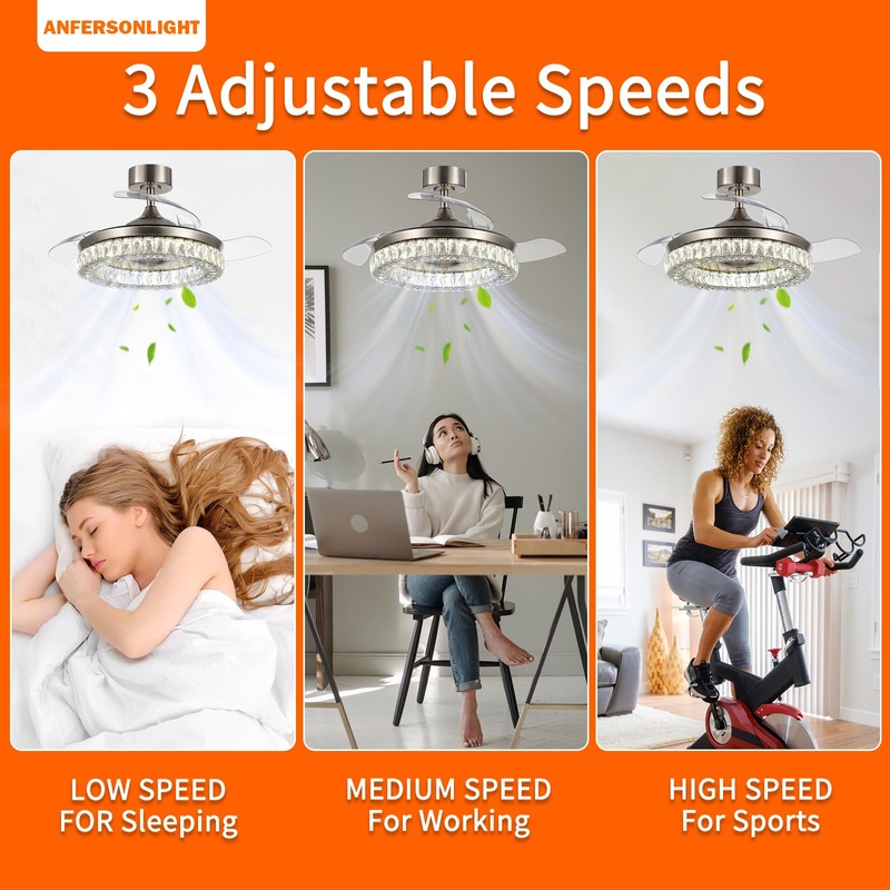 ANFERSONLIGHT Retractable Ceiling Fan with Lights and Remote, 42 Inch