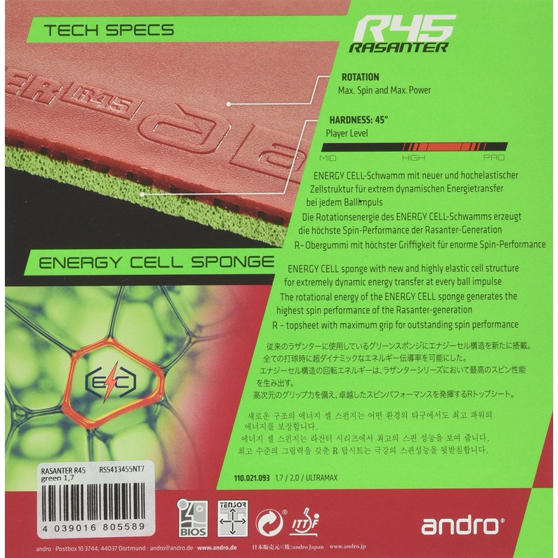 andro 110021093 Table Tennis Rubber Razantar R45 Soft Back UM