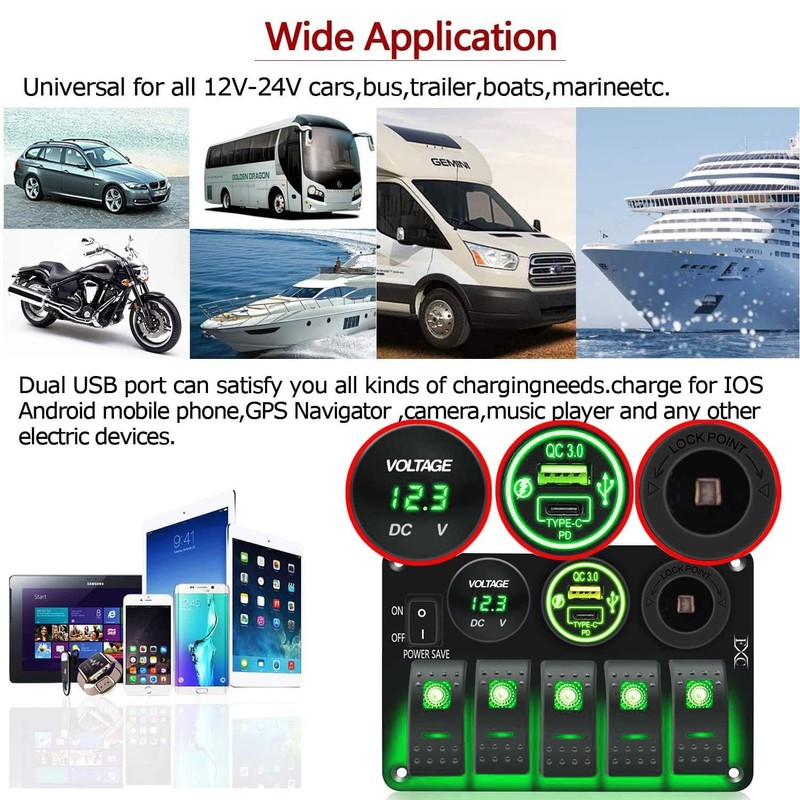 FXC Waterproof Rocker Switch Panel Green 5 Gang with QC3.0