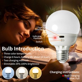 Rechargeable Light Bulbs, Battery Operated Light Bulb with Remote E26 LED Emergency Lightbulbs Warm White CCT with Timer Dimmable for Wall Wireless Sconce, Power Outage, Home, Porch (1 Lightbulb)