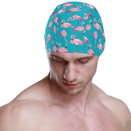 Dallonan Swimming Cap Pink Flamingo Blue Unisex Adult Swim Cap Polyester