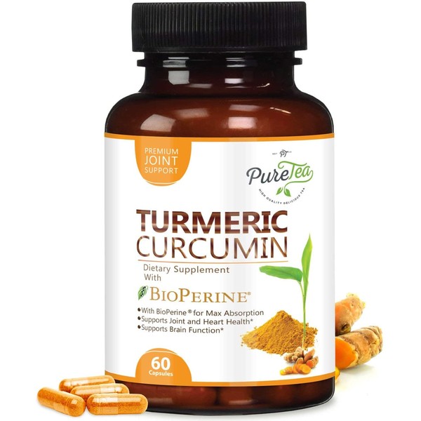 Turmeric Curcumin 95% Curcuminoids 1950mg with Bioperine Black Pepper for Best Absorption, Made in USA, Best Vegan Joint Support, Turmeric Capsules by PureTea - 60 Capsules